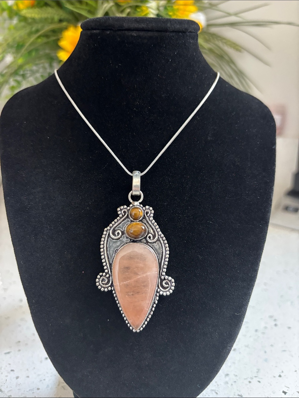 Sterling Silver Rose Quartz & Tiger Eye Gemstone Pendant Necklace